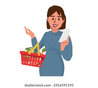 Woman is carrying a grocery cart full of groceries in the supermarket. Cute lady, girl buying food with shopping cart and controlling check. Flat vector illustration isolated on white background