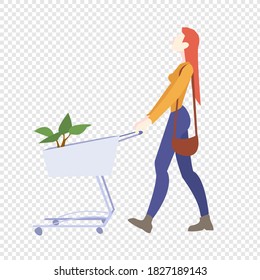 Woman Is Carrying A Grocery Cart Transparent Background, Vector Illustration