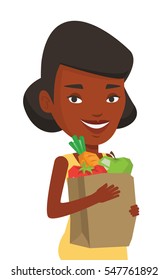 Woman carrying grocery shopping bag with vegetables. Woman holding grocery shopping bag with healthy food. Woman with grocery shopping bag. Vector flat design illustration isolated on white background