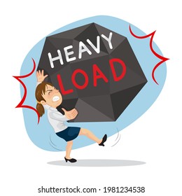 Woman Carrying A Heavy Load Of Big Rock, Illustration Vector Cartoon