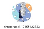 Woman carrying heavy stack of documents and papers flying around her office workplace concept