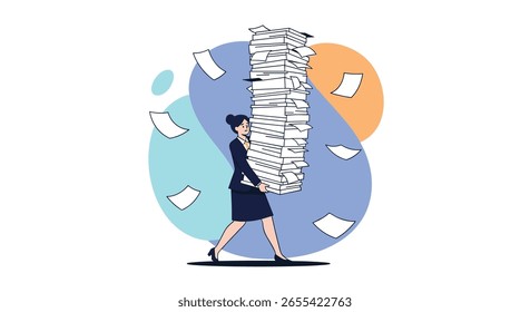 Mujer que lleva la pila pesada de documentos y papeles que vuelan alrededor de su concepto del lugar de trabajo de la oficina