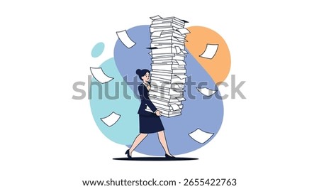 Woman carrying heavy stack of documents and papers flying around her office workplace concept