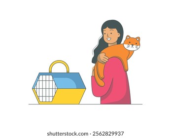 Woman carrying her cute orange cat to a portable cat cage. Character design. Vector flat illustration