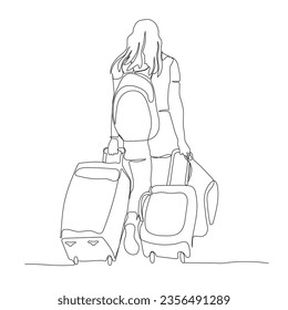 Woman carrying her luggage with backpacks and suitcases. Back view. Continuous line drawing. Black and white vector illustration in line art style.