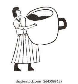 Woman carrying huge cup of coffee, vector illustration isolated on white background. Outline sketch style with grunge vintage texture. Cafe concept.