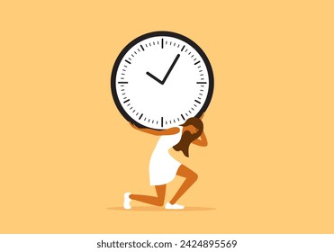 Woman carrying huge heavy clock on shoulders. Time pressure, work deadline, overworked. Mother or wife hard schedule, female hardwork. Girl lost time, fast life, overload, burnout vector illustration