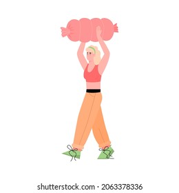 Woman carrying huge sausage above her head for food donation, flat cartoon vector illustration isolated on white background. Social care and charity concept.