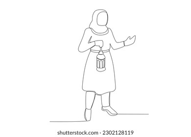 A woman carrying a lantern at the Islamic new year. Islamic new year one-line drawing