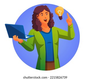 a woman carrying a laptop and thinking with a lightbulb