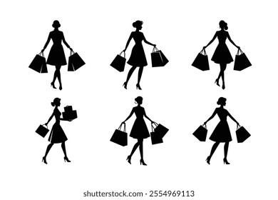 Woman Carrying Multiple Shopping Bags Silhouette Stylish Vector Illustration.