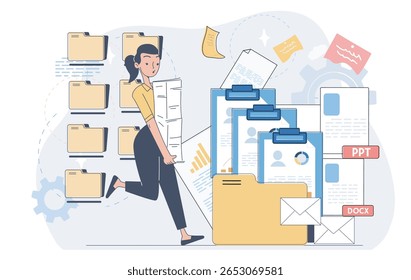 Woman carrying paper documents among digital folders, charts, and icons representing DOCX and PPT files, on abstract background. Concept of data management. Vector illustration