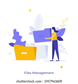 Woman carrying paper folders. Concept of file management, keeping in order electronic information, business data organization and storage, digital archive. Modern flat vector illustration for banner.