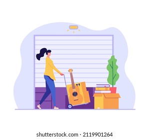 Woman carrying personal items to rental self-storage unit. Girl walking with cart in garage. Concept of self storage unit, small mini warehouse, rental garage. Vector illustration in flat design