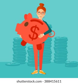 Woman carrying piggy bank.