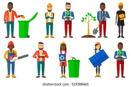 Woman carrying recycling bin. Woman holding recycling bin while standing near a trash can. Man throwing away paper in trash bin. Set of vector flat design illustrations isolated on white background.