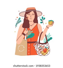 Woman carrying shopping bag with fruits and organic food. Eco lifestyle of person with healthy habits. Concept of conscious consumption. Colored flat vector illustration isolated on white background