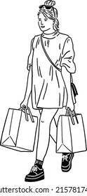 Woman carrying Shopping bag People lifestyle Hand drawn line art Illustration