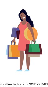 Woman carrying shopping bag with purchases. Big seasonal sale buyer