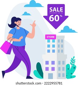 Woman Carrying Shopping Bag Walking To The Shopping Center Has Discount