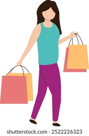 Woman Carrying Shopping Bags Character with Flat Face Design. Vector Illustration