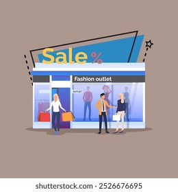 Woman carrying shopping bags flat vector illustration. People doing shopping in clothing store. Fashion outlet, boutique, special offer, sale concept for banner or web design