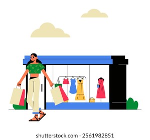 Woman Carrying Shopping Bags In Front Of A Clothing Store In Flat Vector Illustration Symbolizing Retail Therapy, Fashion, And Shopping, Isolated On White Background.