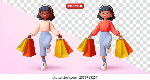 Woman carrying shopping bags happily. 3d vector suitable for, promotion, advertising and design element