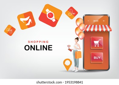 Woman carrying shopping bags He is standing next to the smartphone store for shopping online and payment online concept design,vector online marketing