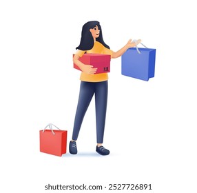 Mulher carregando sacolas de compras com compras. Garota participando de venda sazonal na loja, loja, shopping. Personagens de desenhos animados isolados sobre fundo branco. Ilustração de vetor de estilo de desenho 3D