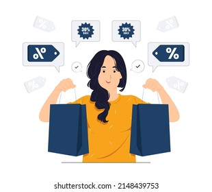 Woman carrying shopping bags while do online shop concept illustration