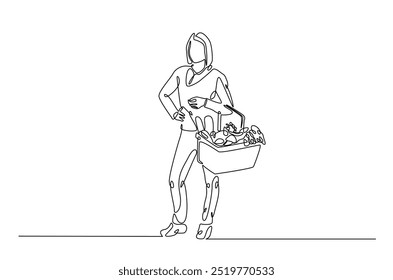 Woman carrying shopping basket continuous one line drawing. Woman holding basket with fresh organic vegetables in single line art illustration. Editable vector.  