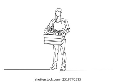 Woman carrying shopping basket continuous one line drawing. Woman holding basket with fresh organic vegetables in single line art illustration. Editable vector.  