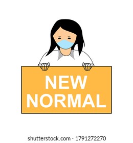 Woman carrying a slogan that reads new normal. Vector illustration