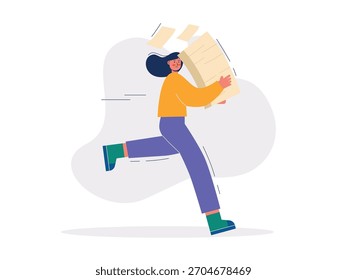 Woman carrying a stack of paperwork while running, project deadline. Character design. Vector flat illustration