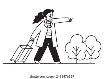 Woman carrying a suitcase to her destination.