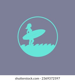 woman carrying a surfboard during big waves,surf and simple logo