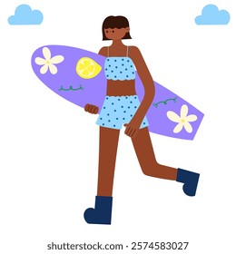 woman carrying surfboard in summer outfit flat vector illustration