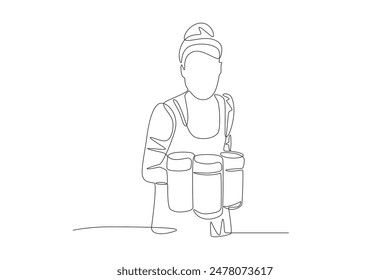 Woman carrying three beers. Oktoberfest concept one-line drawing