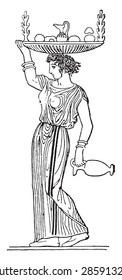 Woman carrying a tray, vintage engraved illustration.
