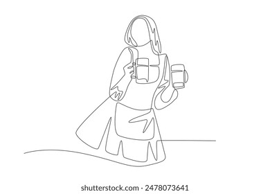 Woman carrying two glasses of beer. Oktoberfest concept one-line drawing