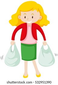 Woman carrying two plastic bags illustration