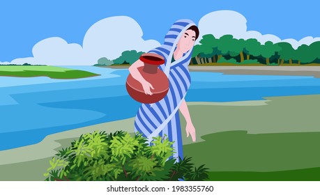 woman is carrying water from the river in a clay jug - illustration