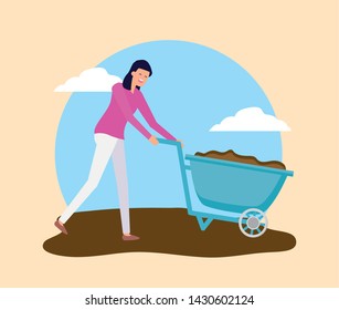 woman carrying wheelbarrow with gardening soil vector illustration