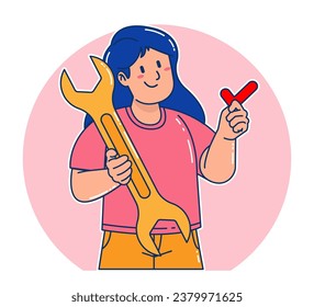 A Woman carrying a Wrench and check mark