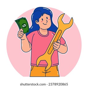 Woman carrying Wrench and money