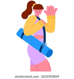 woman carrying yoga mat and waving, active lifestyle and fitness motivation