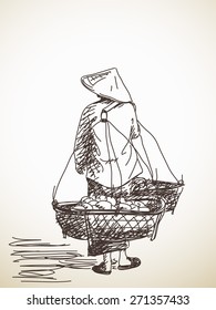 Woman carrying a yoke on her shoulder, Vector sketch, Hand drawn illustration