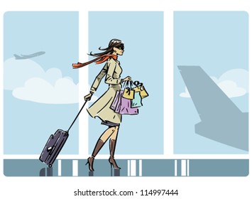 A woman with a carry-on and shopping bags on her way through an airport to a gate to catch a plane. EPS8-file, fully editable. All in separate layers so the girl can be used without background.