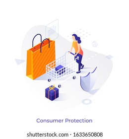 Woman with cart, shopping bag, gift box and shield. Concept of consumer protection, customer security, technology for safety of online purchase activity. Modern colorful isometric vector illustration.